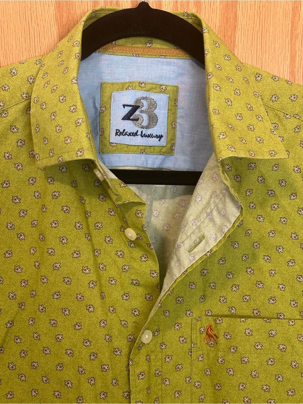 Z3 Maple Leaf Print Green Cotton Relaxed Fit Button-Down Shirt Men's Size 15.5 - Picture 2 of 10
